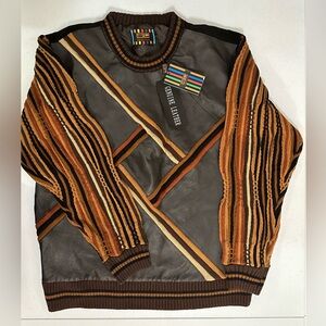 Steven Alan Crewneck knit Sweater Brown and Black Geometric Design with Leather